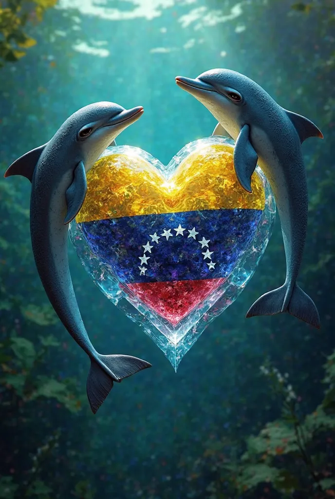 A crystal heart with the Venezuela flag that says Venezuela with dolphins on a green background that says Rafita family 