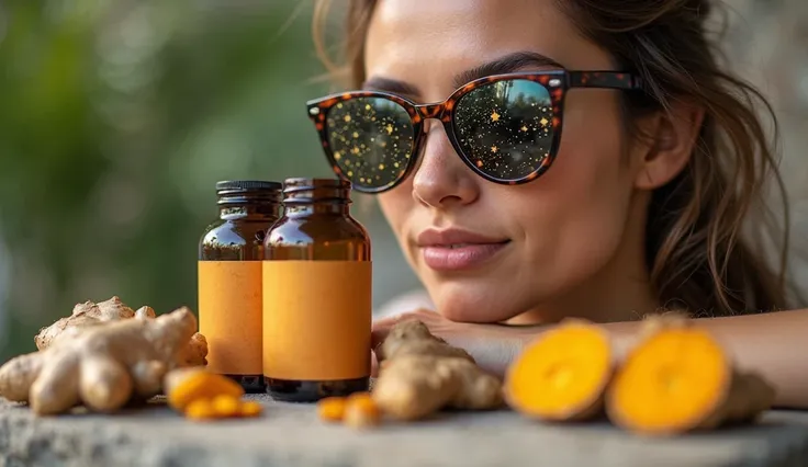 The model is wearing glass sunglasses with stars and the moon Photorealism, Herbal supplement bottles with eco-friendly packaging, natural stone surface, soft diffused light, close-up shot, fresh turmeric and ginger root nearby, Herbal Supplement Bottles -...