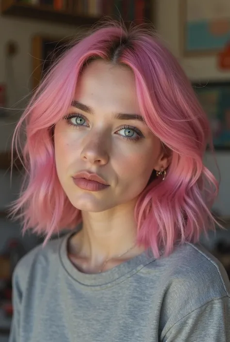 there is a woman with pink hair and a gray shirt, a picture inspired by Nazmi Ziya Güran, tumblr, tachisme, 18 years old, 19-year-old girl, 1 , she is about 1 , isabela moner, with cute - fine - face, violet myers