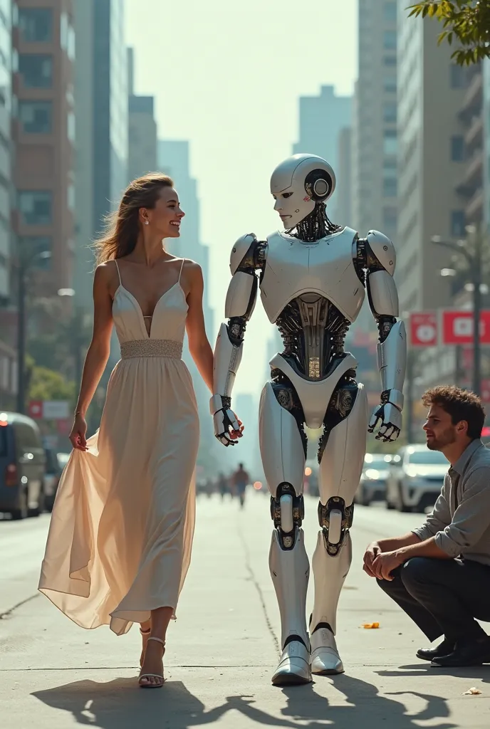 high quality, 8K Ultra HD, photography of beautiful happy woman walking with an robot, near there is crying man sitting on the side if the street he is looking at the walking couple with jealousy 