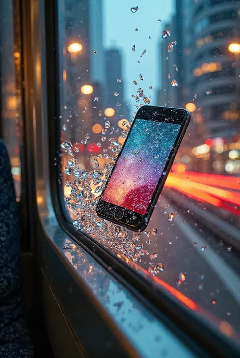 "A surreal macro photograph capturing an iPhone bursting through the window of a moving subway train in the middle of a city. Glass shards are suspended in mid-air, glinting in the sunlight, while the phone seems untouched, its screen glowing vividly with ...