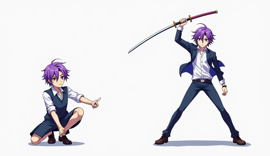 Full-length anime young man with purple hair wearing a blue school jacket on a white background. The character is standing holding a lowered sword in a relaxed pose.”
The same character next to it on a white background Character in a dynamic pose with swor...