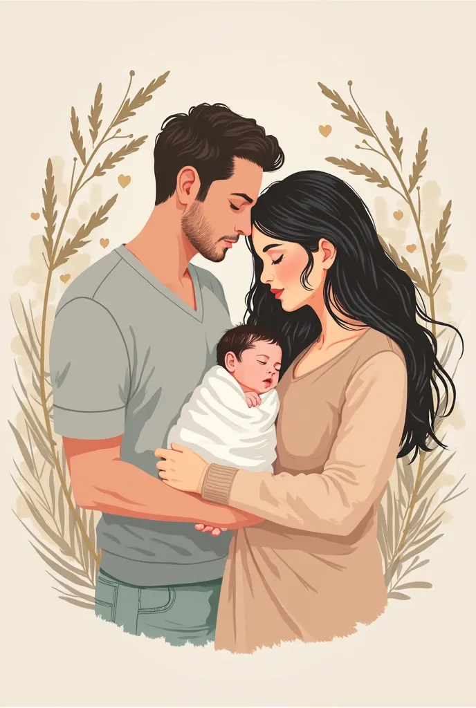 A gentle  , digital illustration of a boho style newborn with parents cuddling . The style is modern  , minimalistic and inspired by Scandinavian boho — with golden details