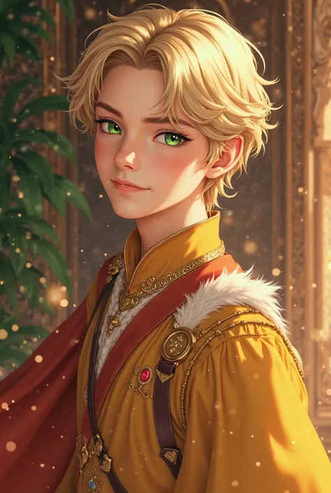 Create a realistic prince/Be a blond 21 year old anime, green eyes, Perfectly cut hair, A warm-colored outfit