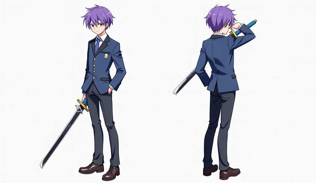 Full-length anime young man with purple hair wearing a blue school jacket on a white background. The character is standing holding a lowered sword in a relaxed pose.”
The same character next to it on a white background Character in a dynamic pose with swor...