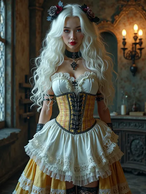  A gothic punk goth girl, Full body shot, perfect face, beautiful Asian woman with long White hair in White curls and coils, very cute and beautiful girl, (highly detailed beautiful face), high detailed fingers, (Pale Yellow Tartan Gothic Maid dress and co...