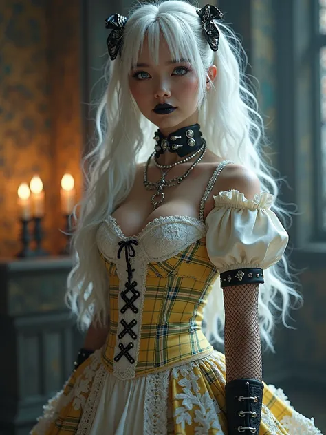  A gothic punk goth girl, Full body shot, perfect face, beautiful Asian woman with long White hair in White curls and coils, very cute and beautiful girl, (highly detailed beautiful face), high detailed fingers, (Pale Yellow Tartan Gothic Maid dress and co...