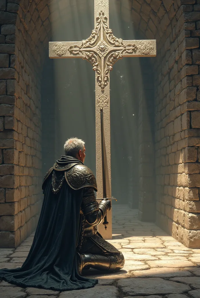 a knight kneeling with a sword in his hand in front of a cross