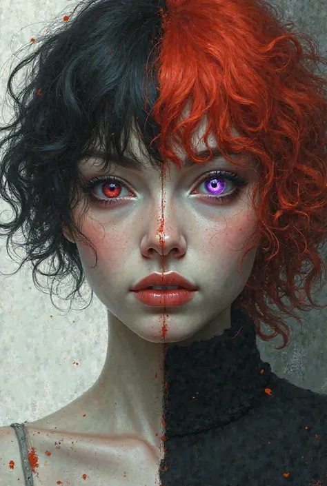 A woman with short curly hair on the left and long purple eyes with red hair on the right