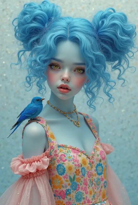  realistic woman , Between 18 and 20 years old ,  blue skin  , curly hair like a cloud tied in 2 bunches ,  Yellow Eyes , wearing a very colorful dress in pastel shades , and a little blue bird on your shoulder 