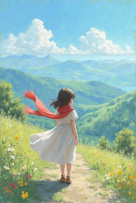 A painting in which a girl from back with a scarf far away in a beautiful weather ,with beautiful scenery 