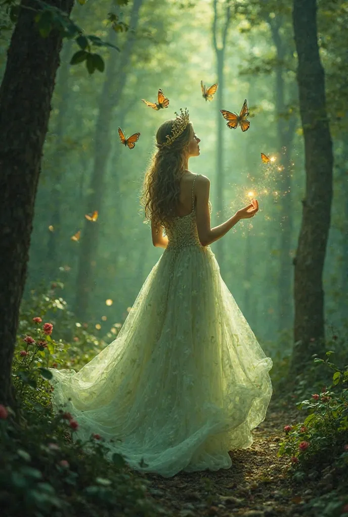 A goddess wearing a elegant  dress in a forest wearing a crown.she is ccreating some floating lights.there are few butterflies and birds around her and the image should be in a green colour themeand the goddess should be back facing. There should be some r...