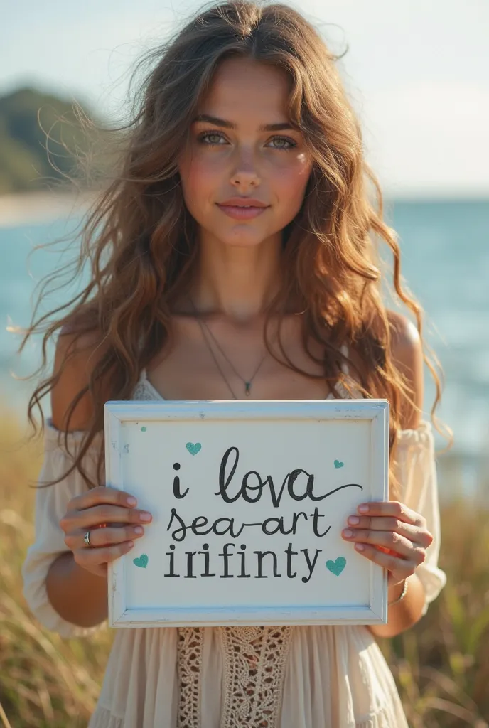 Beautiful girl with wavy long hair, bohemian dress, holding a white board with text "I Love Seaart Infinity" and showing it to the viewer