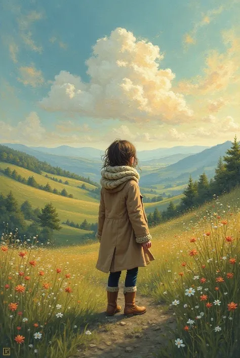 A painting in which a girl from back with a scarf an a coat far away in a beautiful weather ,with beautiful scenery 