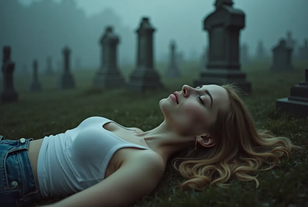  Ultrarealistic image . View camera angle from half oblique above. A cemetery in fog. A woman is lying unconscious on the ground with her eyes closed. She has a natural slim face. A slim Greek blonde woman. She is wearing tight denim shorts. She is wearing...