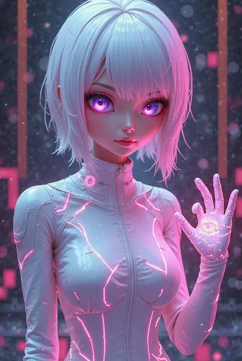 A girl with bright purple eyes.  She has short , asymmetric hair, painted white with pink strands,  which gives it a futuristic . She wears a tight white jumpsuit made of high-tech material,  materials that emphasize her figure and provide freedom of movem...