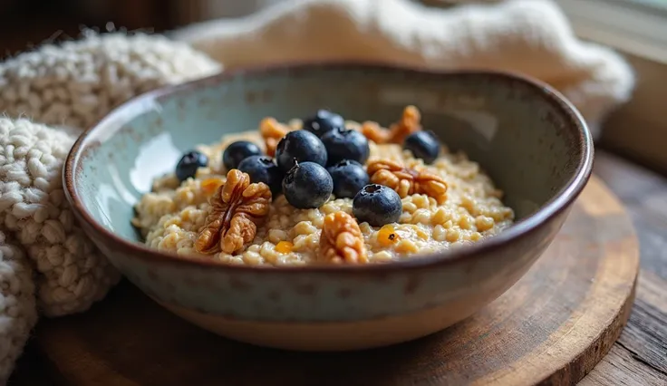 Photorealism, Nutritious oatmeal with blueberries, walnuts, and a drizzle of maple syrup, deep ceramic bowl on a rustic wooden table, winter morning ambiance, warm indoor lighting, a cozy knitted blanket in the background, Bowl of Oatmeal with Berries --ar...