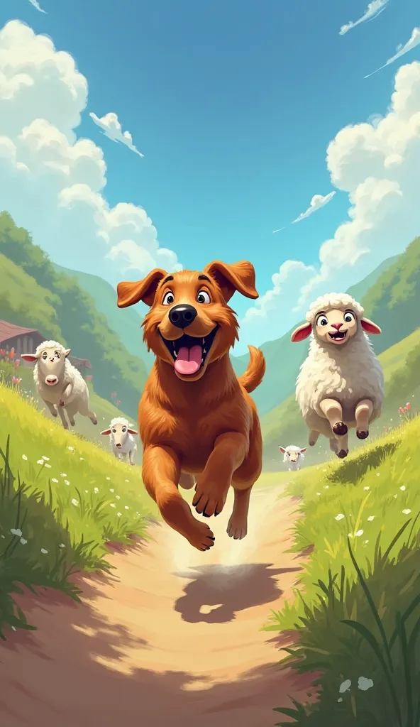 A dog is running after a sheep.