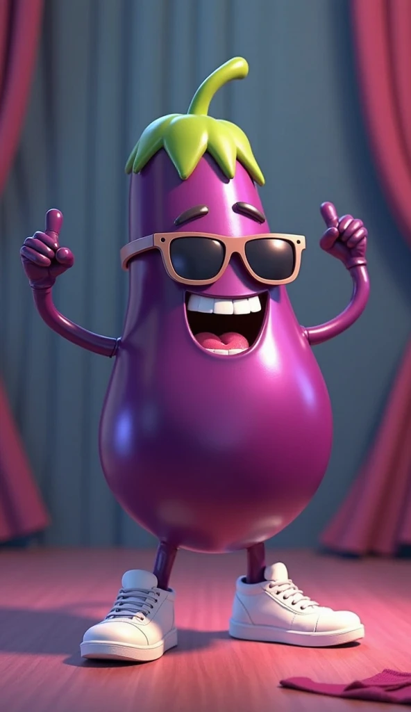 In a fun, cartoonish yet ultra-smooth animation, a big, lively eggplant with two hands, legs, and an expressive face takes center stage for a hilarious dance performance! The eggplant, rocking a pair of tiny white sneakers and stylish sunglasses, grooves t...