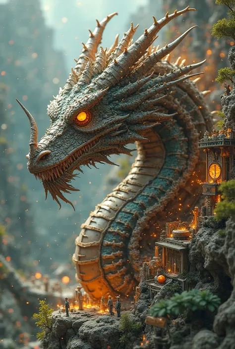 A massive dragon being assembled piece by piece by tiny engineers inside a towering clockwork factory. Steam and sparks rise from the machinery as each scale and gear is carefully placed. Ultra HD, macro shot, cinematic lighting, steampunk fantasy, mechani...