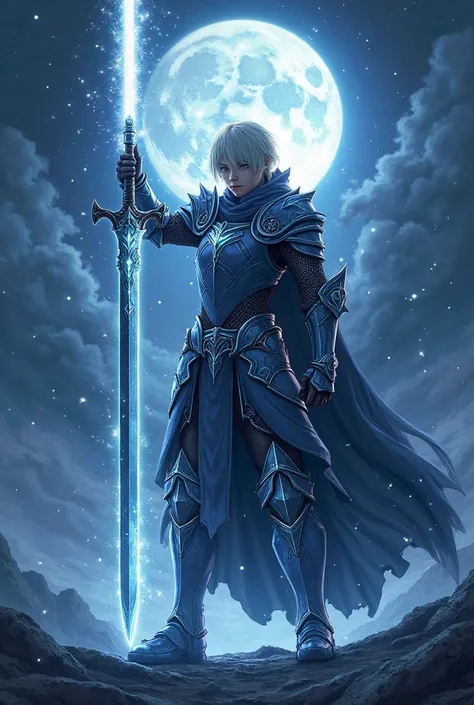 Anime picture Knight holding sword with white aura eyes filled with armor with bright aura background at night with moon