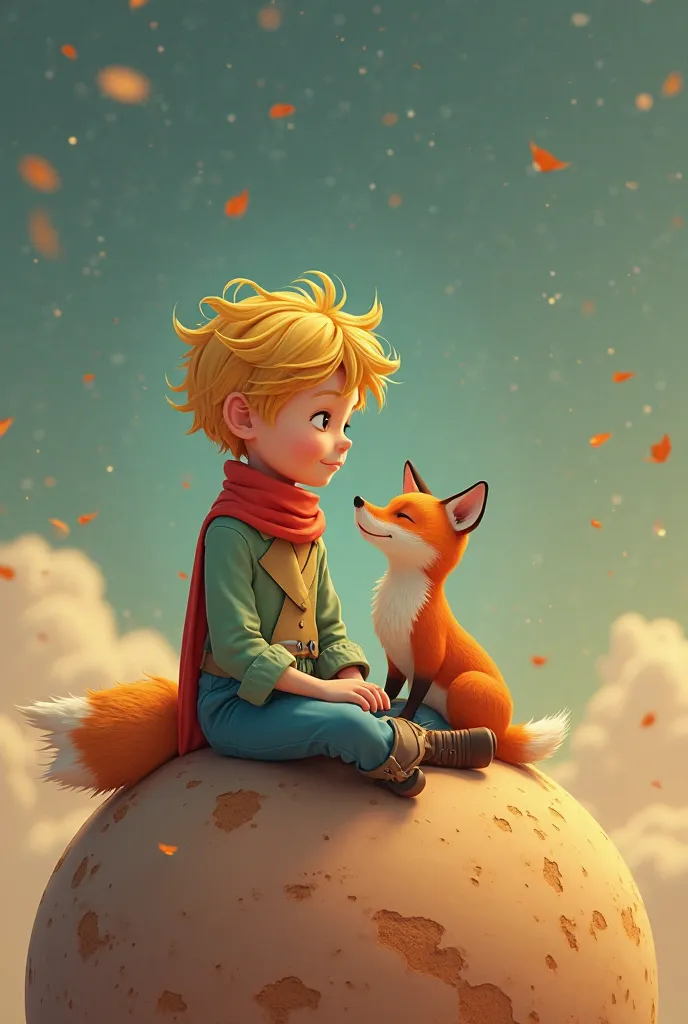 a detailled image of The lttle Prince sitting with the fox on a small planet. The little Prince weras a scarf. No BACKGROUND (:1.8). More details. 