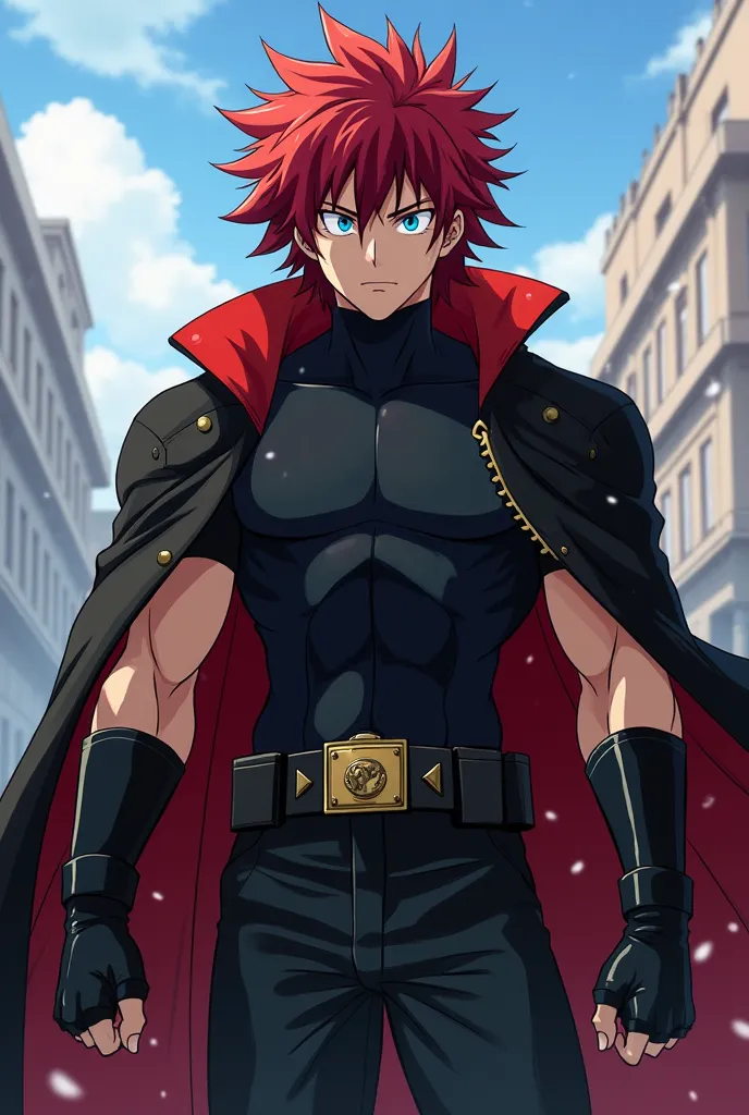 create an anime screen shot. My Hero Academia, a young man with great muscles,  long red hair , Blue eyes My Hero Academia , . Mouth and nose are obscured by an iron cap,,  he's wearing a tight black shirt , Shoulder rest, , chest and black painted titaniu...