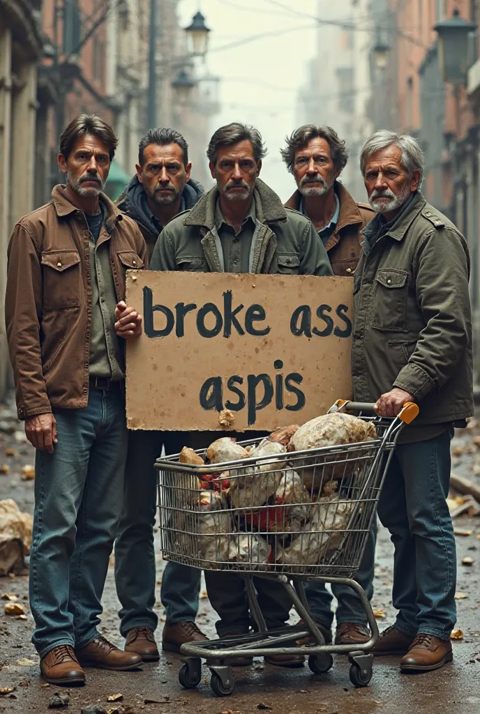 5 homeless people next to each other holding a sign that says broke ass aspis, a shopping cart full of trash