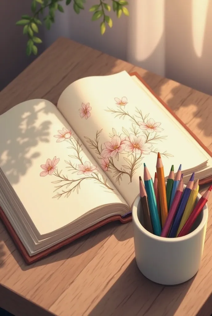 An open book with a drawing of flowers and colored pencils in a cup