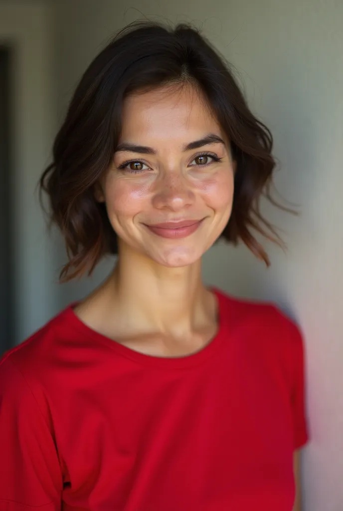 photo of a woman in a red t-shirt