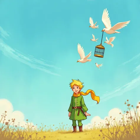 Little Prince, green clothes and pants, yellow scarf around the neck, Yellow belt around the waist, blond hair, happy, freeing birds trapped in a cage and releasing them to fly in the blue sky.