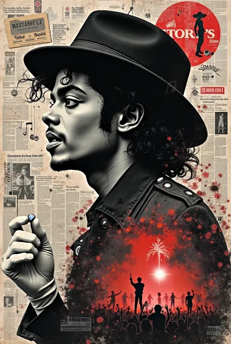  A surreal newspaper collage featuring Michael Jackson, the legendary King of Pop. His iconic curly hair, fedora hat, and signature white glove stand out in the composition. Elements of his most famous performances, such as the "Moonwalk" and the "Thriller...