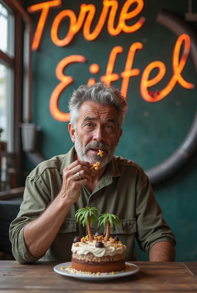 A 45-year-old gray-haired man with a birthday cake in a tire shop called "torre Eiffel". HE'S EATING A CHOCOLATE PALM TREE