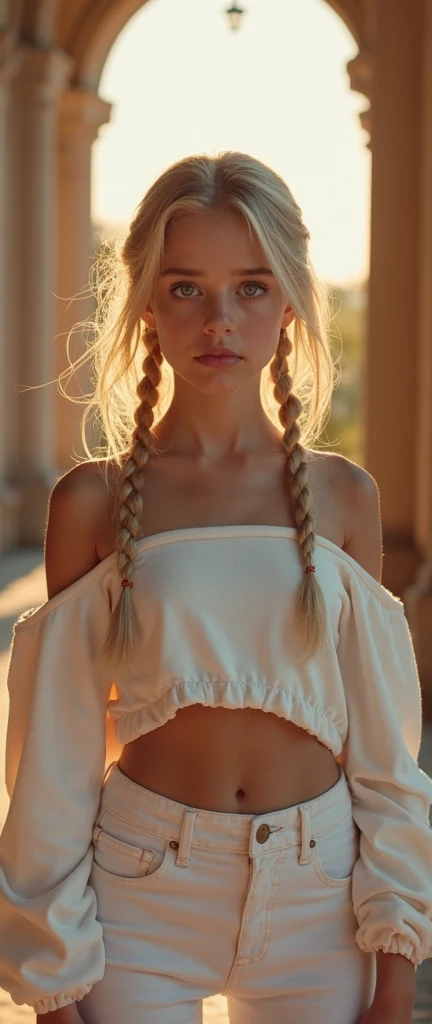 A full body portrait of a young, skinny woman standing alone in a castle courtyard illuminated by sunlight and festival lights in the morning, with a heart-shaped face, adorned with light blonde French braids, gazing with a terrified, vulnerable expression...