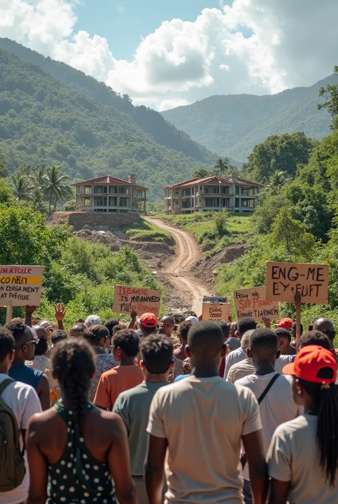 Photos of a construction of 3 buildings in the countryside in Sainte-Luce in Martinique with demonstrators who are against the project of building permits for these same buildings 