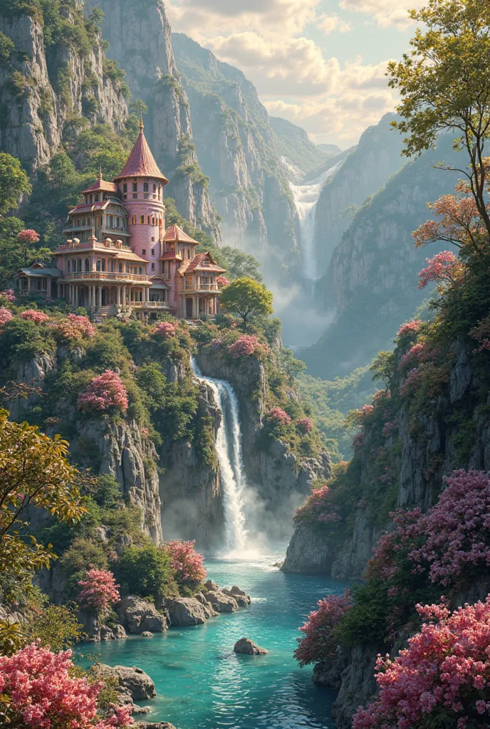 A breathtaking paradise with lush gardens, vibrant flowers, crystal-clear rivers, majestic waterfalls, and elegant houses made of shimmering diamonds, bathed in golden sunlight.”