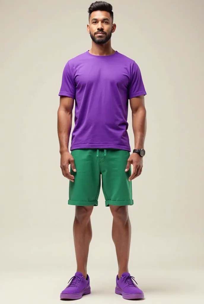 Ek Admi jisne purple t-shirt, green short Pent, purple shoes pehne hai, uske hair black hai, admi Sidha Khada hai , uska hend bhi Sidha hai 