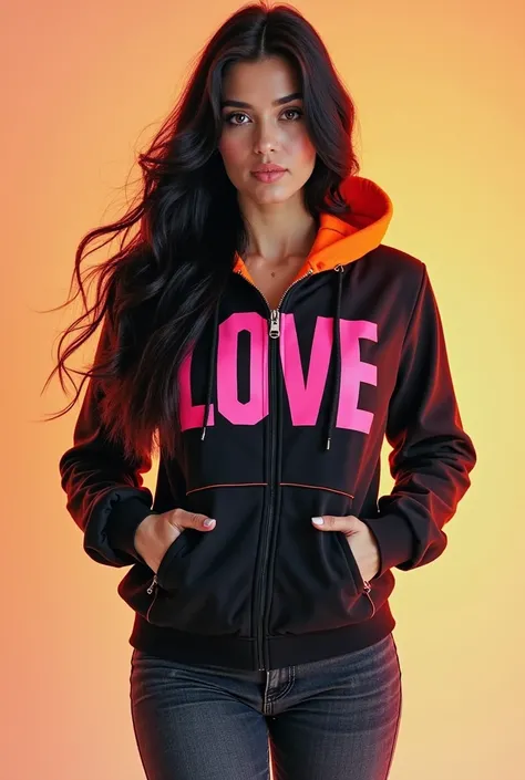 Create a beautiful woman wearing a black jacket with a pink bold "LOVE" in the center. The jacket fits right into her athletic silhouette. The jacket's hood is orange inside and black outside. She is wearing dark jeans pants and white shoes. She has a long...