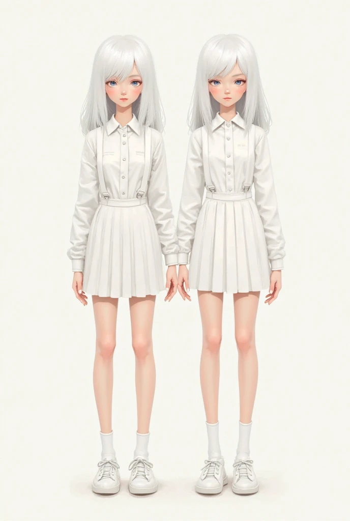 Two-dimensional female characters， white hair ，Cold white skin，White suspenders，white ultra-short pleated skirt，Little white socks，white daddy shoes