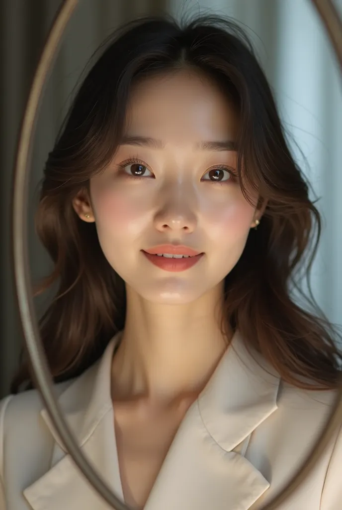 The young Korean woman appears in the video sitting in front of a mirror. The camera shows her full face from the front. She has long and soft hair, dark brown or black, with an elegant natural hairstyle.. . Her skin is smooth and bright. Her natural glowi...