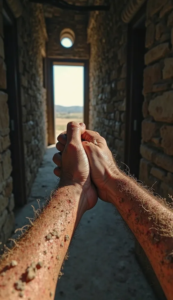 First-person perspective showing the character’s hands gripping a wooden door frame. The hands are covered in dirt, grime, and dried blood, with visible cuts and bruises. The door is slightly open, leading to the outside, with bright sunlight filtering in....