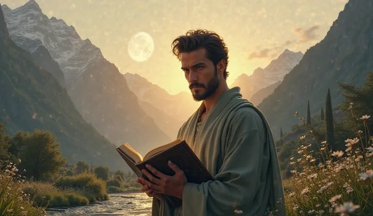 handsome man, grasp the Qur'an, ditaman  , mountain,late afternoon,full moon .