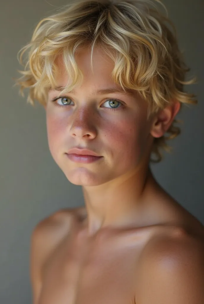 A young blond boy with blond hair, light eyes, athletic and with his penis in sight.