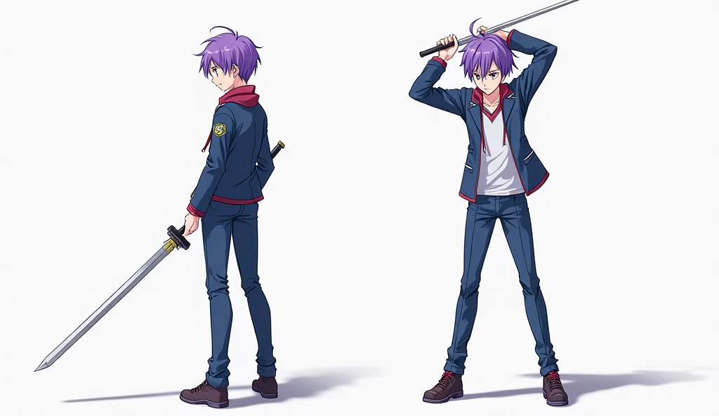 Full-length anime young man with purple hair wearing a blue school jacket on a white background. The character is standing holding a lowered sword in a relaxed pose.”
The same character next to it on a white background Character in a dynamic pose with swor...