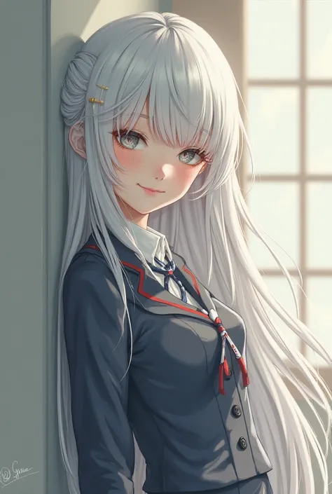 cute white hair girl dressed tight in her school uniform, leaning against the wall