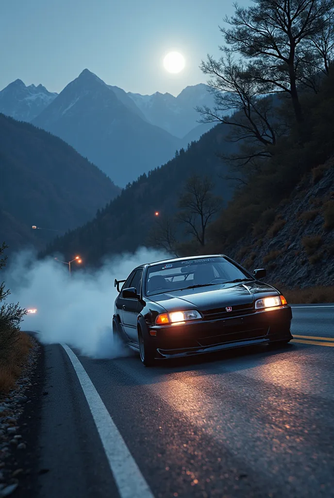 Would you like a black 1993 Honda Civic drifting at night on a mountain in Japan 