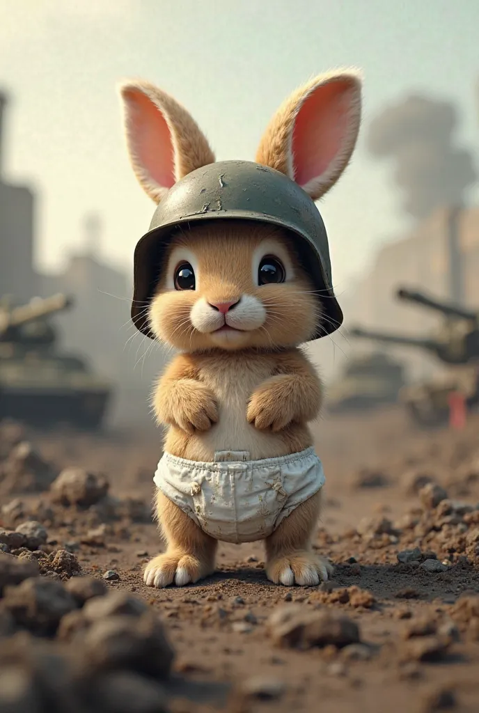 Rabbit　 Genuine 　I'm wearing diapers　cute　　　Background Battlefield　He&#39;s wearing a helmet