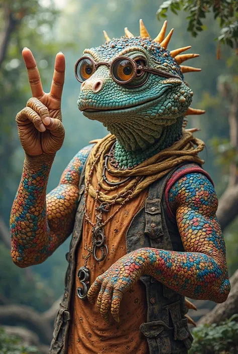 Strong iguana with a number three on the arm, Hippie style making a sign of peace and love with sunglasses and a smile on the side