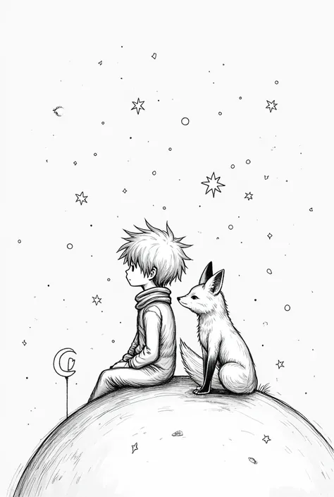 A detailed black and white drawing of The Little Prince sitting next to the fox. They are facing us, sitting on a small planet. The Little Prince wears a scarf wrapped around his neck, slightly flowing. They share a gentle and calm expression. The fox is s...