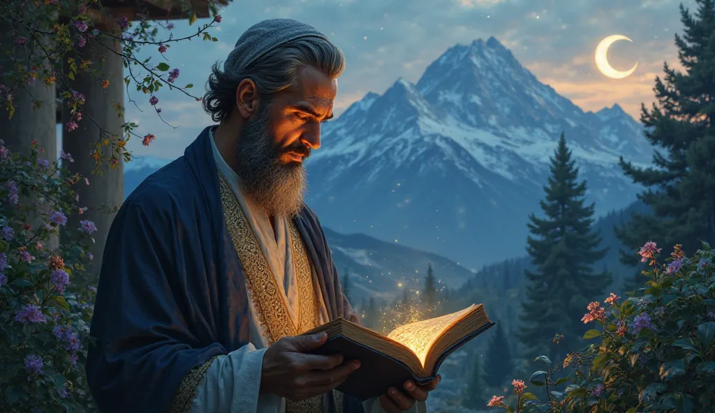 handsome man, grasp the Qur'an, ditaman  , mountain,the night,crescent,BINTANG KEJORA 